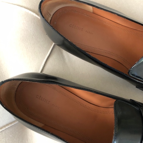 SOLD Celine Fall 2014 Pointed Toe Black Patent Loafer Flats 37.5 Old Celine Logo - Picture 9 of 12